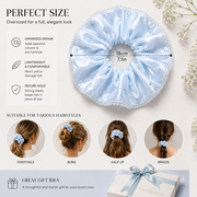 Ice Blue Floral Satin & Crystal Bead Oversized Scrunchie