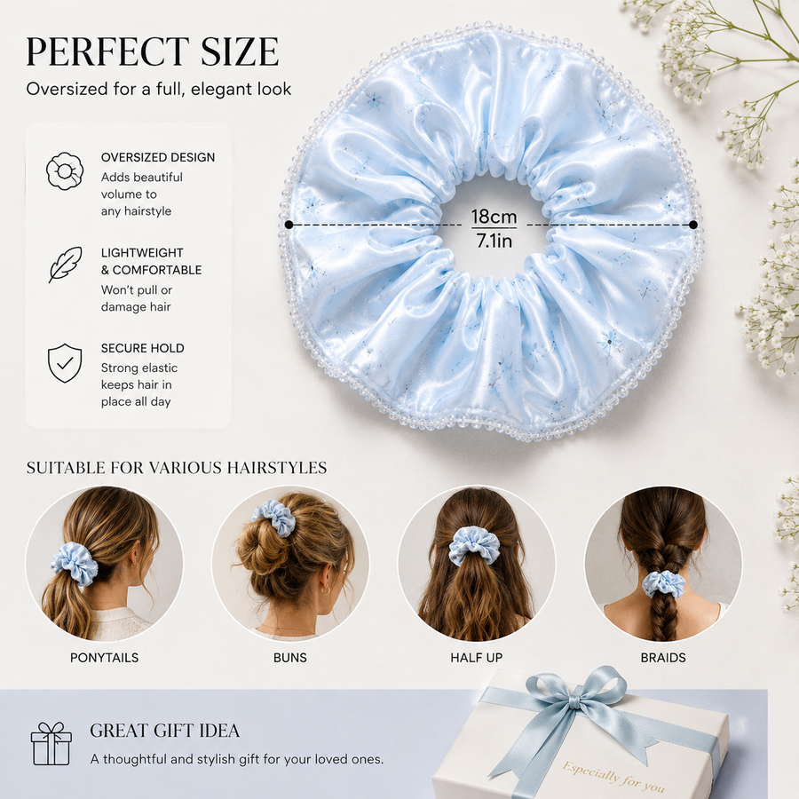 Ice Blue Floral Satin & Crystal Bead Oversized Scrunchie