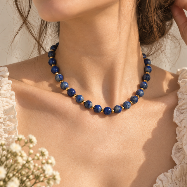 Deep Blue Natural Stone-Look Beaded Collar Necklace – alternate view 4