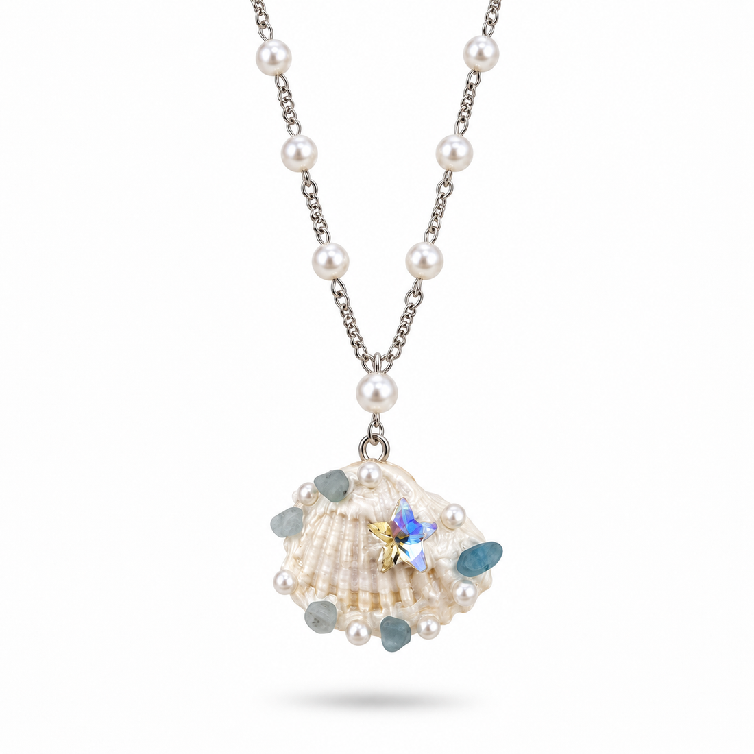 Silver-tone pearl-style chain necklace with a white seashell and aqua bead pendant.