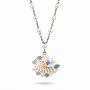 Silver-tone pearl-style chain necklace with a white seashell and aqua bead pendant.