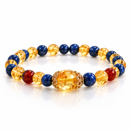 Blue and golden beaded bracelet with a large translucent amber centerpiece bead.
