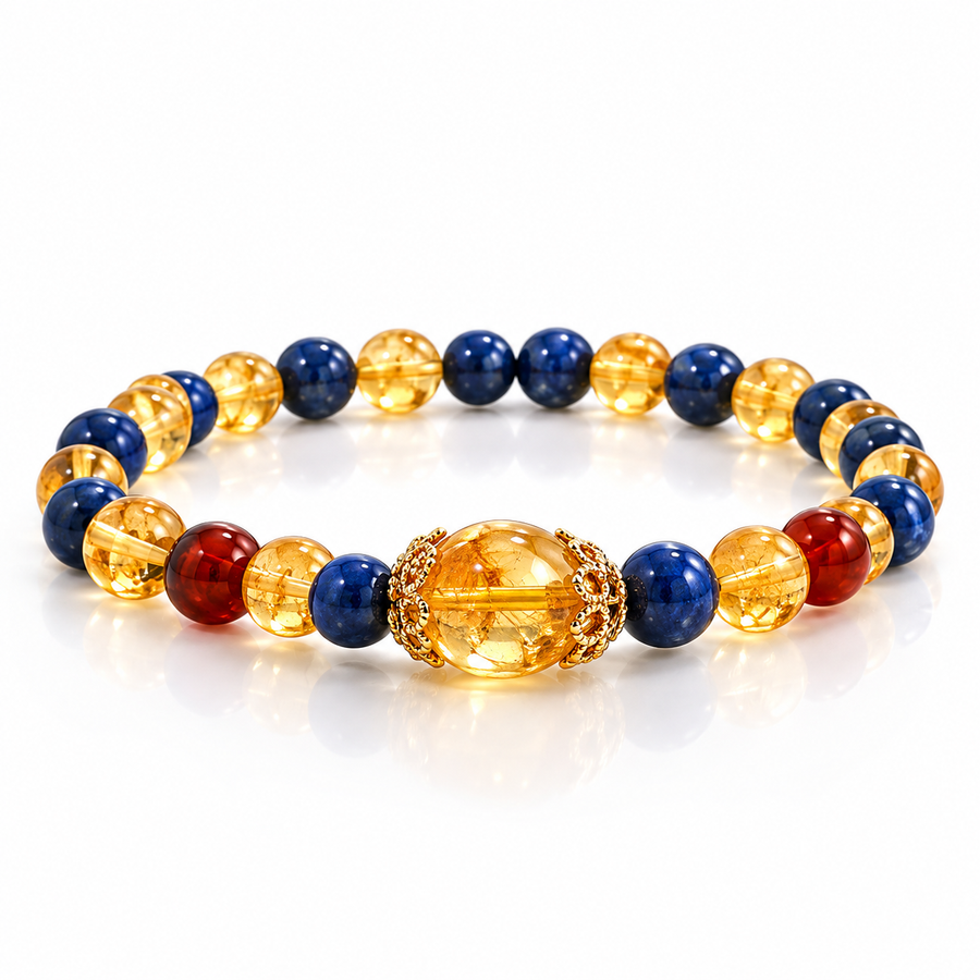 Blue and golden beaded bracelet with a large translucent amber centerpiece bead.