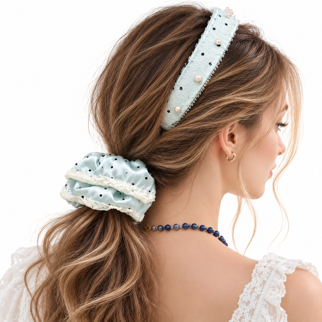 Mint Blue Polka-Dot Lace Oversized Scrunchie Set