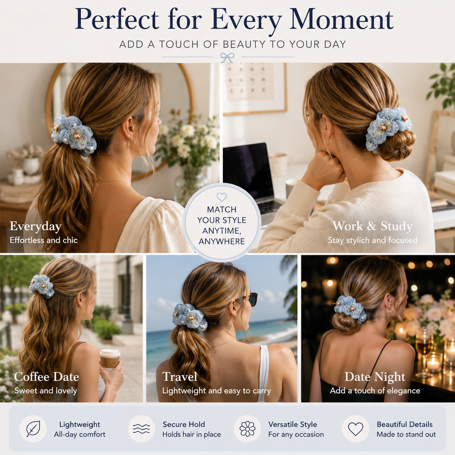 Blue organza butterfly pearl scrunchie shown in five everyday styling scenes