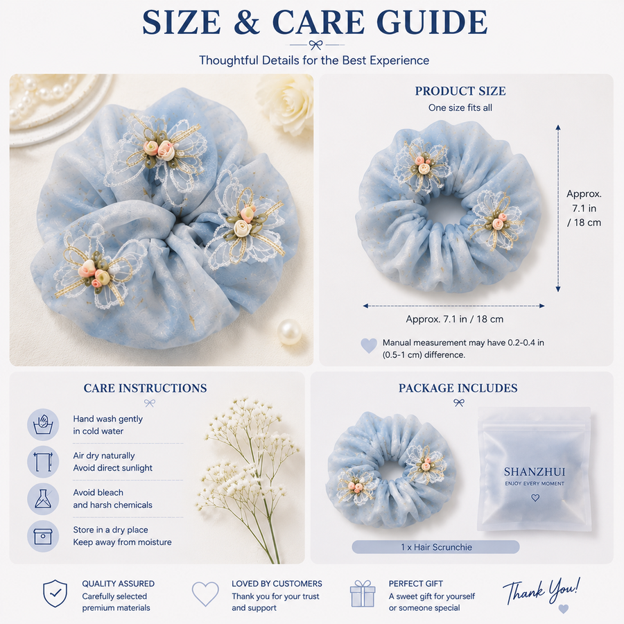 Blue organza butterfly pearl scrunchie size guide showing 18 cm outer diameter, care and packaging
