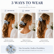 Blue organza butterfly pearl scrunchie styled in a low ponytail, low bun and half-up hairstyle