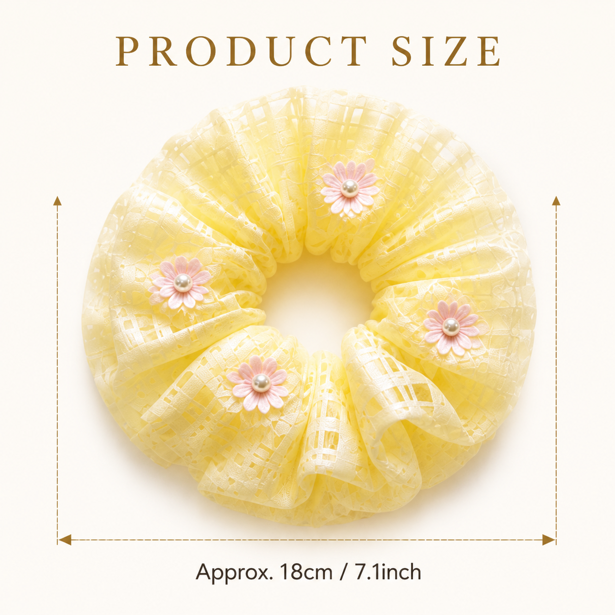 Butter yellow floral organza scrunchie size guide showing 18 cm or 7.1 inch outer diameter