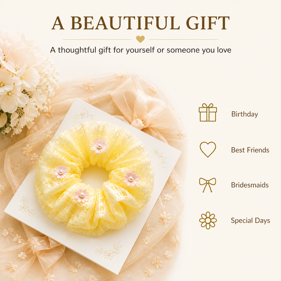 Butter yellow floral organza scrunchie arranged as a romantic gift