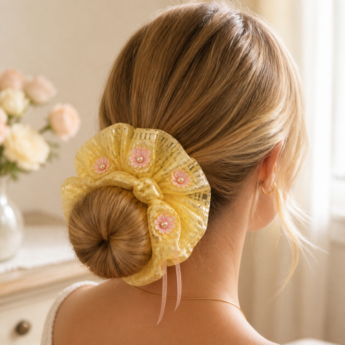 Butter yellow floral organza oversized scrunchie styled in a low bun