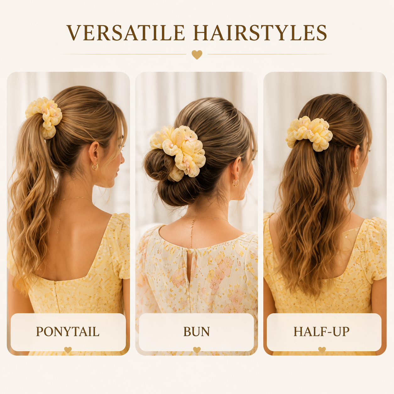 Butter yellow floral organza scrunchie styled in a ponytail, bun and half-up hairstyle