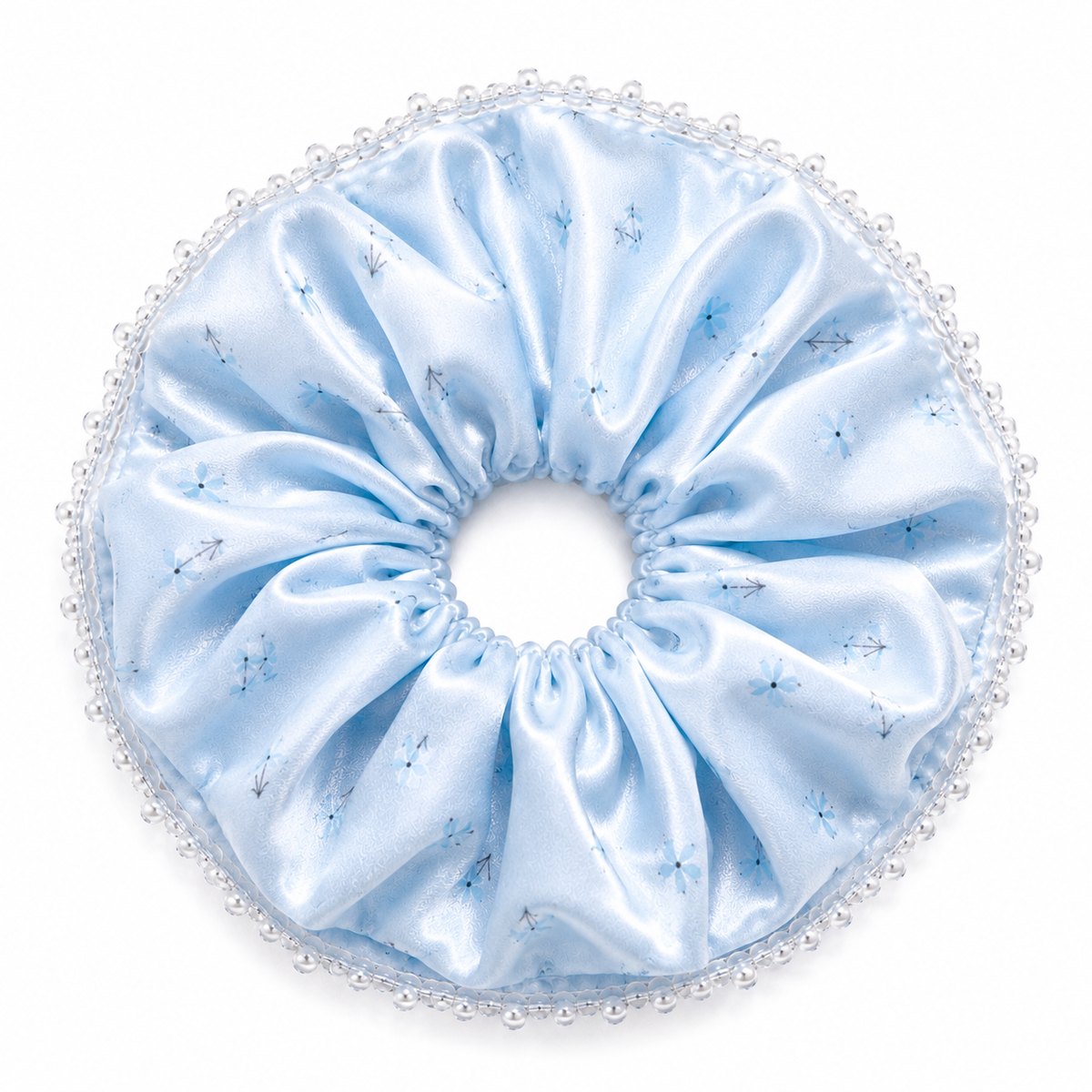 Ice Blue Floral Satin & Crystal Bead Oversized Scrunchie