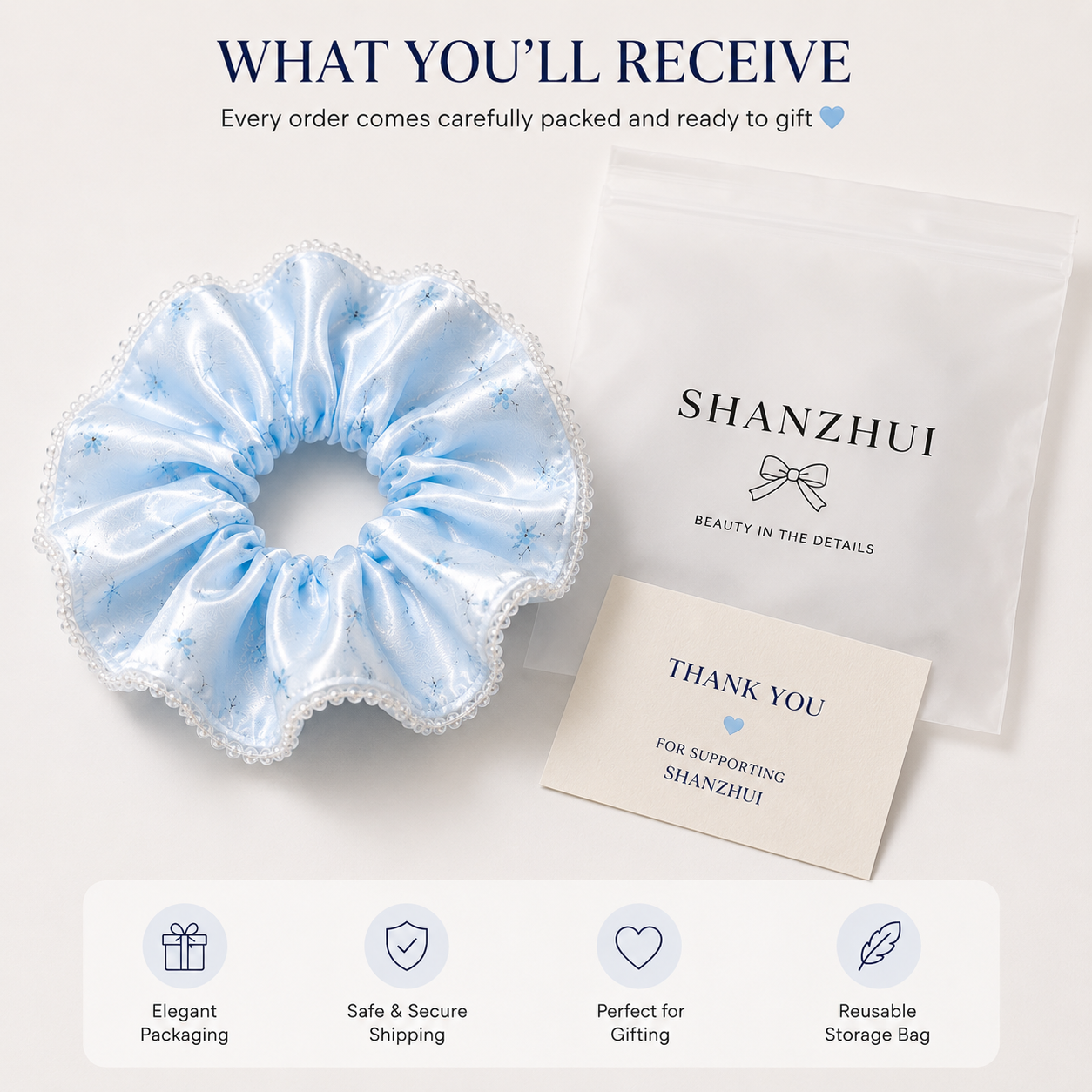 Ice Blue Floral Satin & Crystal Bead Oversized Scrunchie