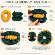 Four-step guide showing how to combine the yellow floral and emerald satin scrunchies