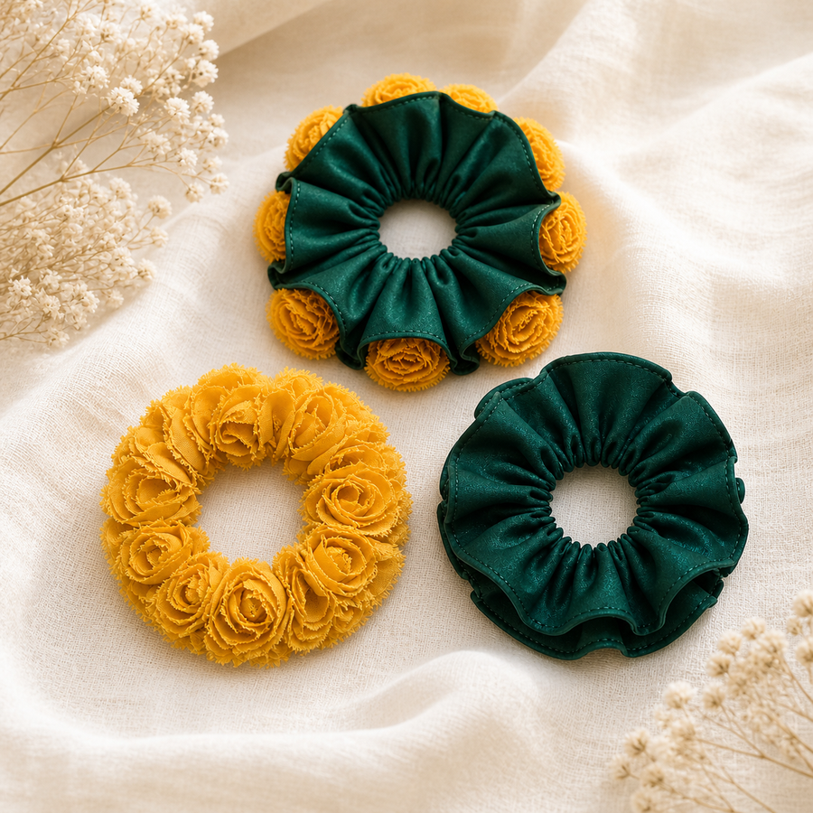 Convertible floral and satin scrunchie set components flat lay