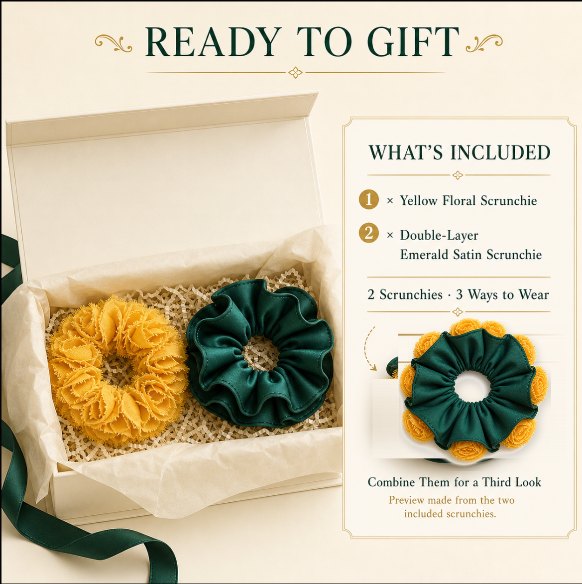 Convertible yellow floral and emerald satin scrunchie set in gift-ready packaging