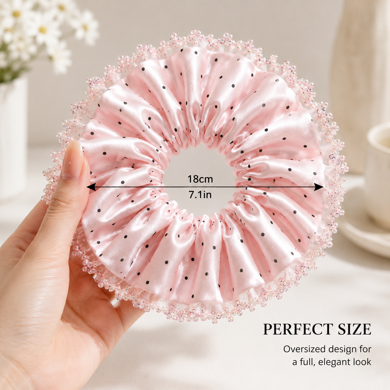Blush Polka-Dot Satin & Sequin Ruffle Oversized Scrunchie