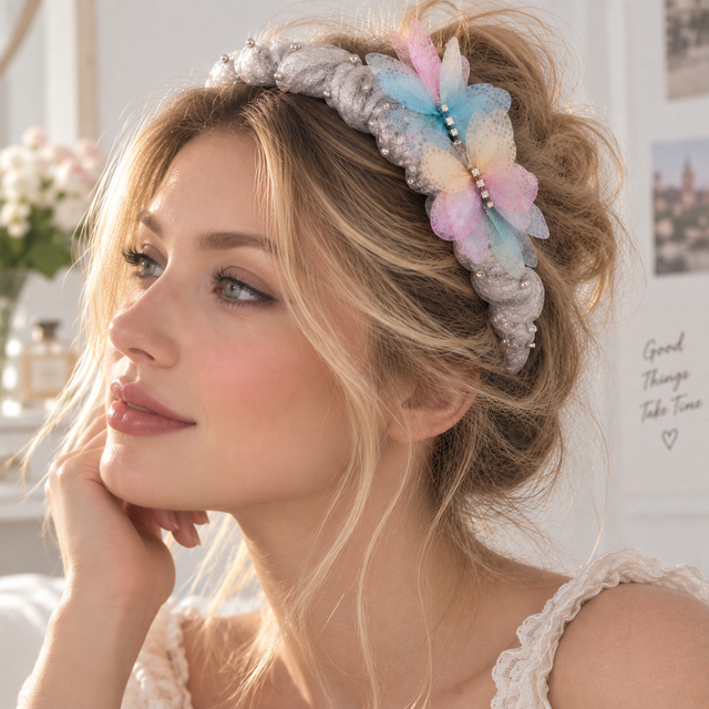 Silver butterfly pearl headband styled for an everyday look