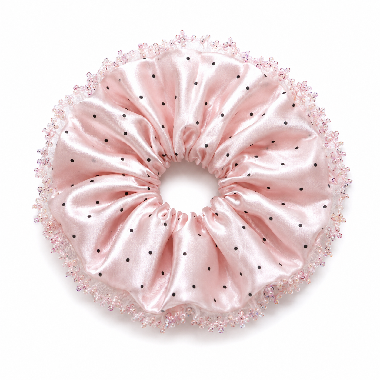 Blush Polka-Dot Satin & Sequin Ruffle Oversized Scrunchie