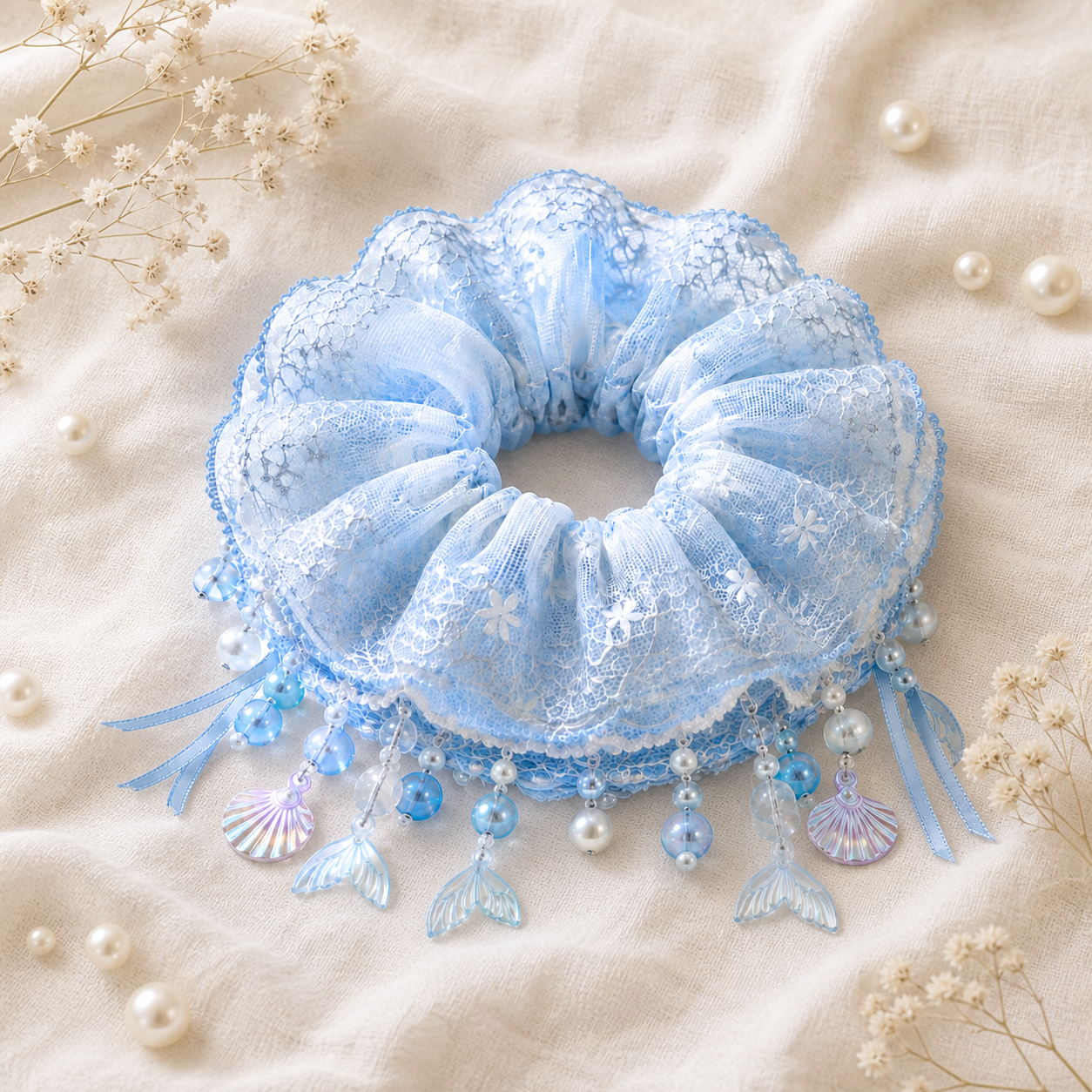 Ice blue mermaid lace oversized scrunchie flat lay