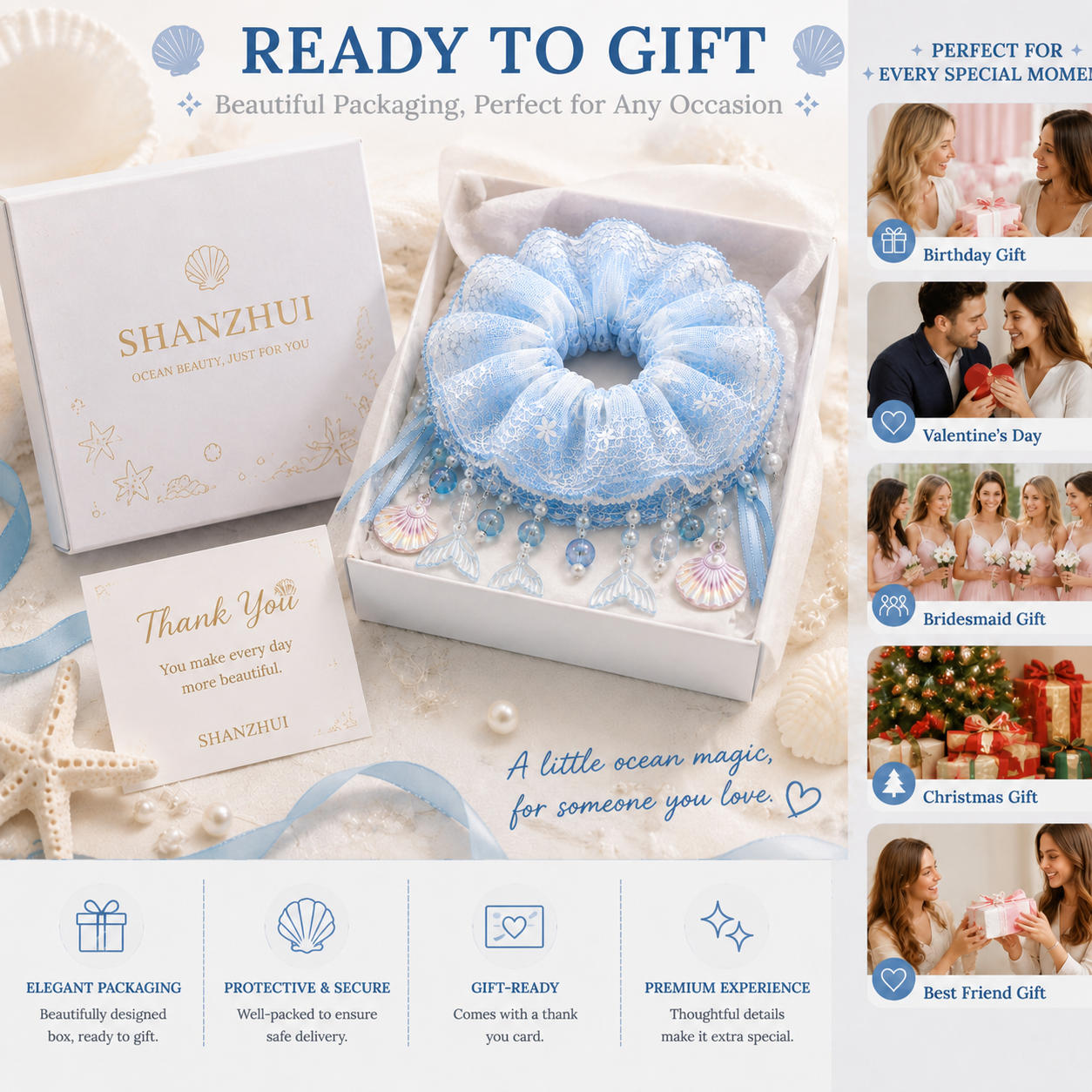 Ice blue mermaid lace scrunchie displayed in gift-ready packaging
