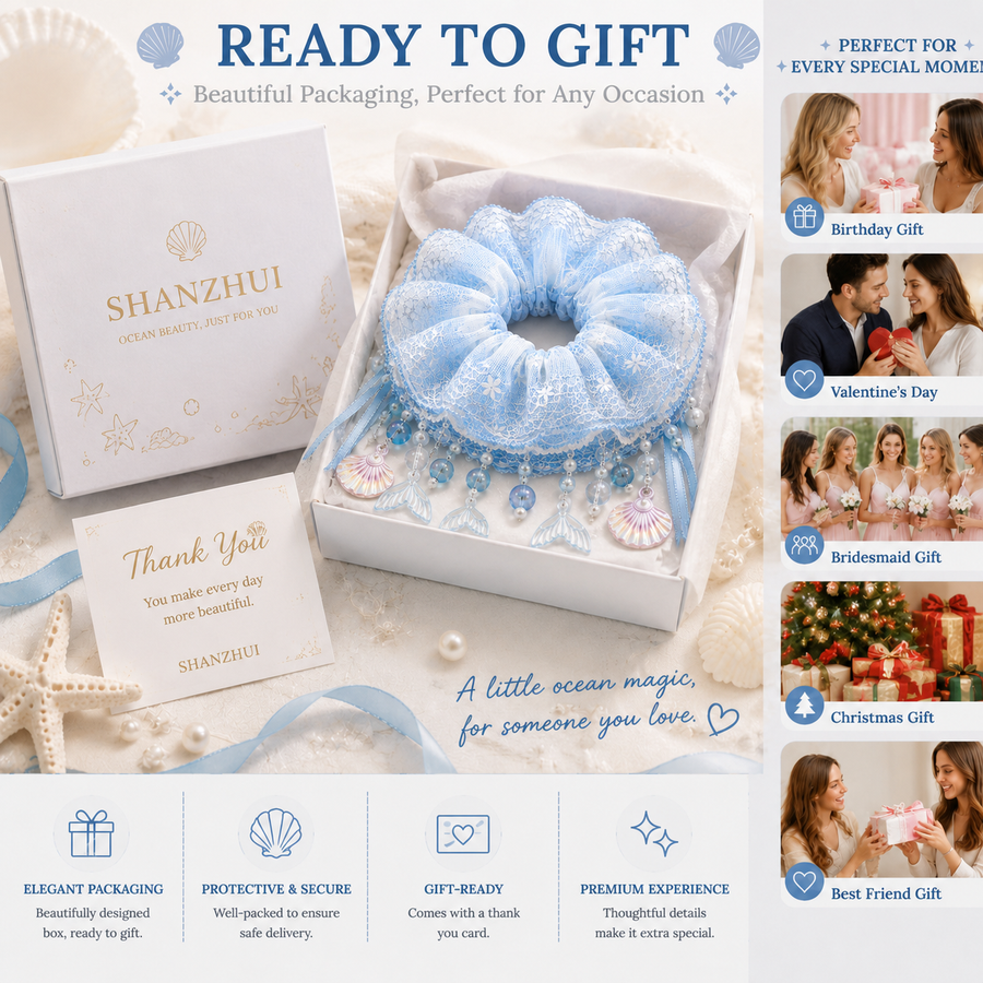 Ice blue mermaid lace scrunchie displayed in gift-ready packaging
