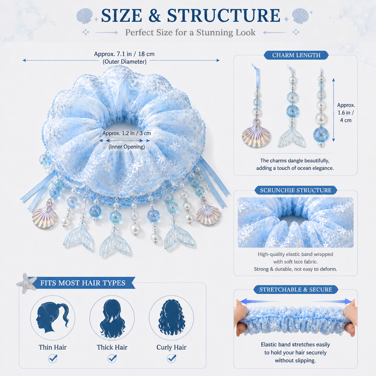 Ice blue mermaid lace scrunchie size and structure guide showing 18 cm outer diameter