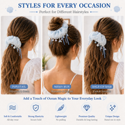 Ice blue mermaid lace scrunchie styled in a ponytail, messy bun and half-up hairstyle