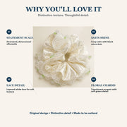 Ivory polka-dot satin and lace oversized scrunchie feature guide showing satin, lace and floral charms