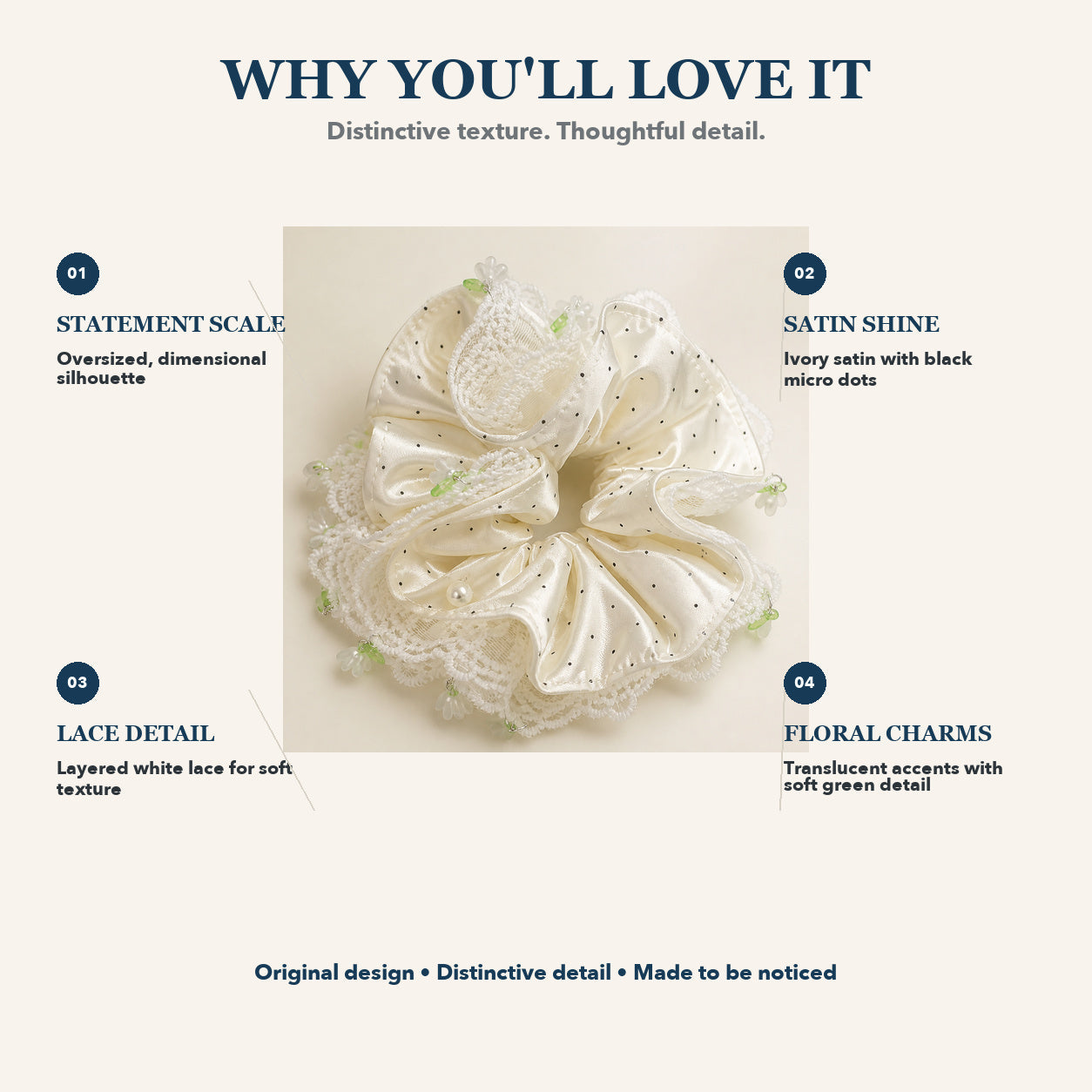 Ivory polka-dot satin and lace oversized scrunchie feature guide showing satin, lace and floral charms