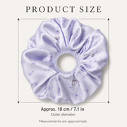 Pale lilac floral pearl satin oversized scrunchie size guide showing 18 cm or 7.1 inch outer diameter