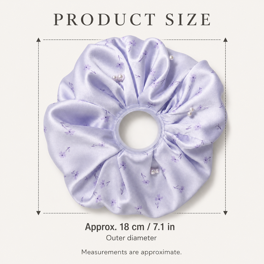 Pale lilac floral pearl satin oversized scrunchie size guide showing 18 cm or 7.1 inch outer diameter