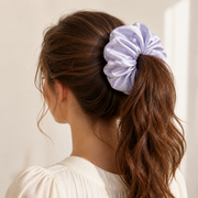 Pale lilac floral pearl satin oversized scrunchie styled around a high ponytail