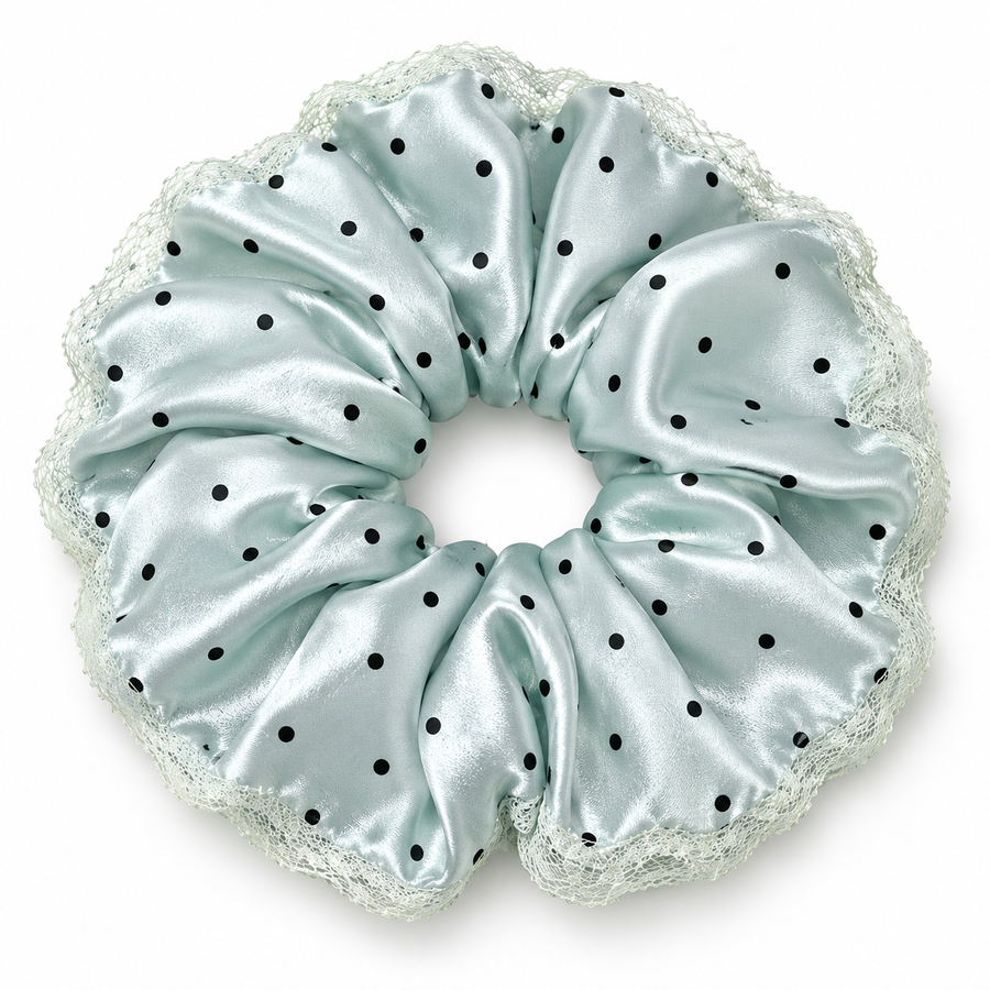 Large icy mint blue polka dot lace oversized scrunchie