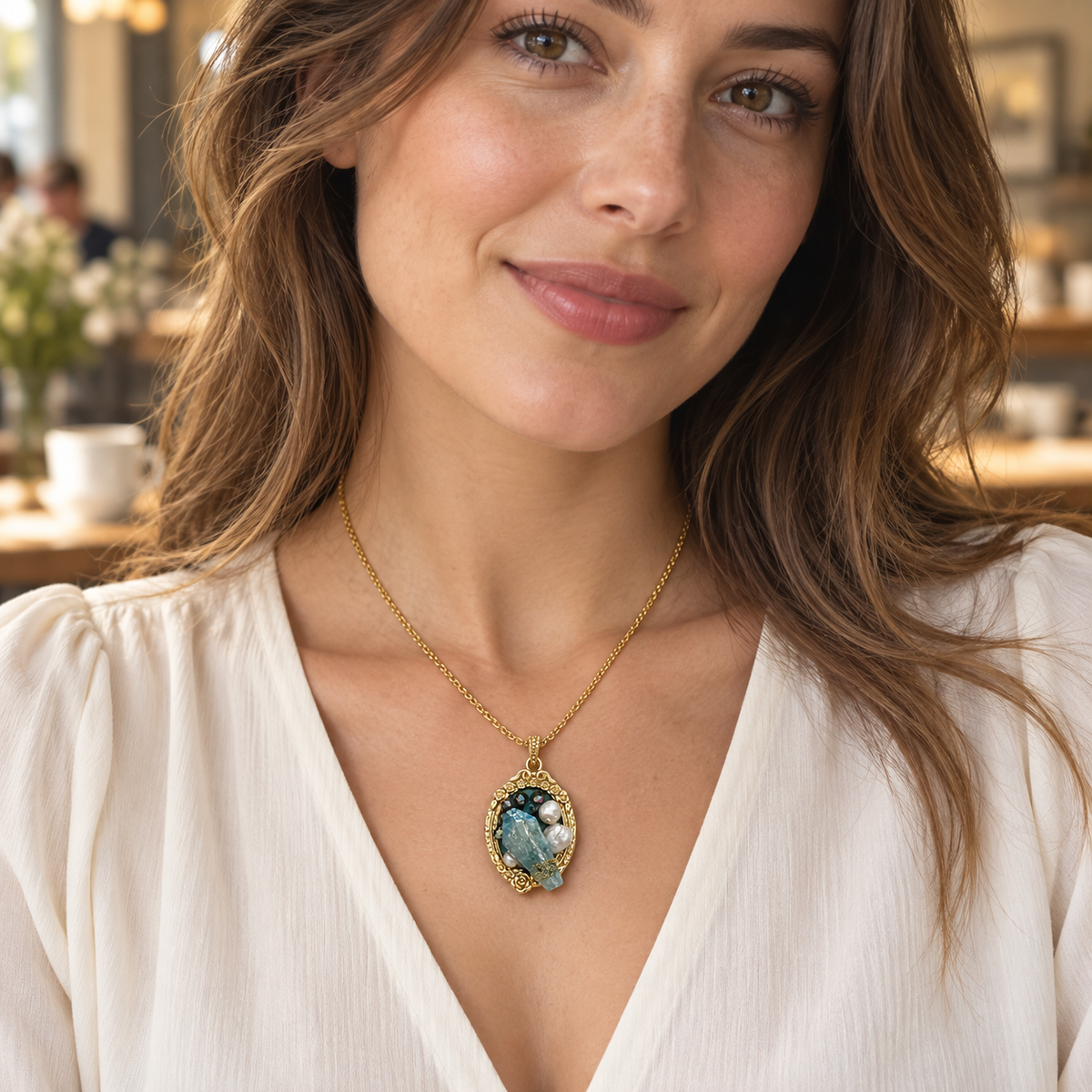 Woman wearing an ocean blue vintage-inspired pendant necklace