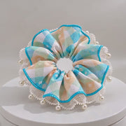 Pastel plaid pearl lace oversized scrunchie with blue trim product video