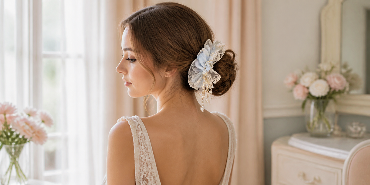 Woman wearing a pale blue and ivory lace hair accessory in an elegant low updo