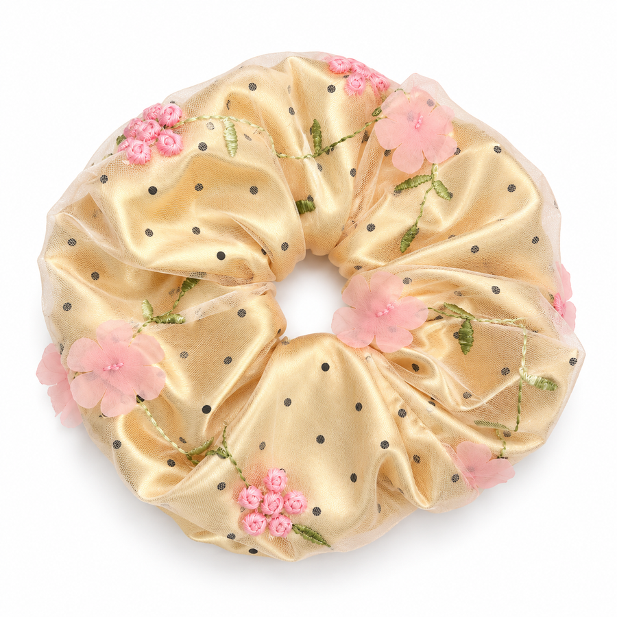 SHANZHUI golden satin oversized scrunchie with sheer floral organza outer layer