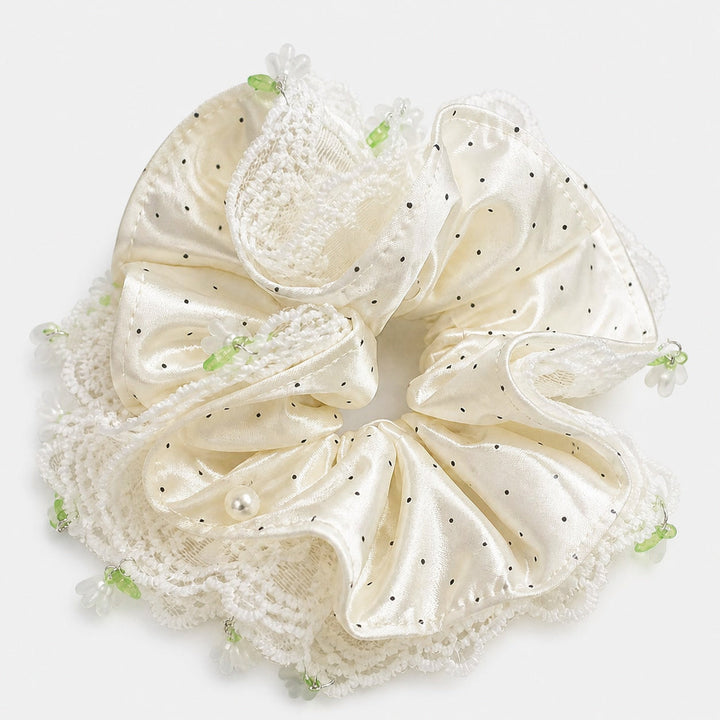 Ivory Polka-Dot Satin & Lace Oversized Scrunchie