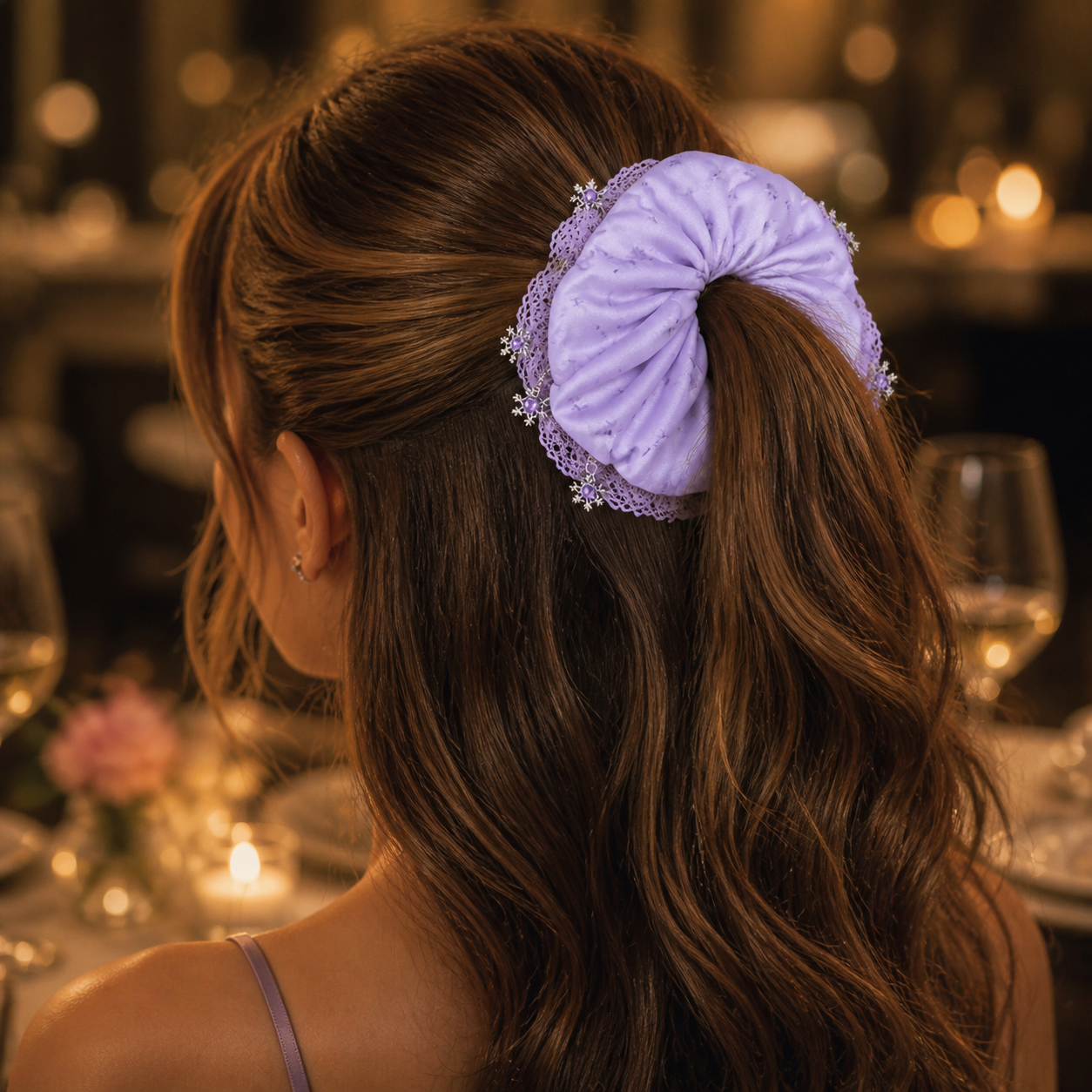 Lavender snowflake charm scrunchie correctly worn in a half-up wavy hairstyle