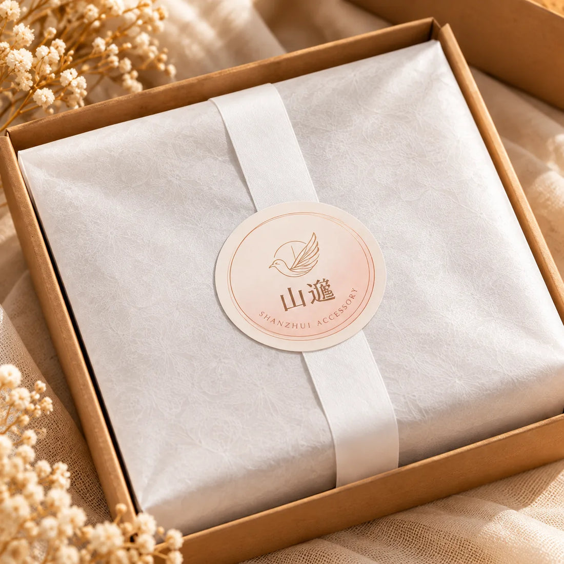SHANZHUI scrunchie gift box wrapped with tissue paper and branded seal