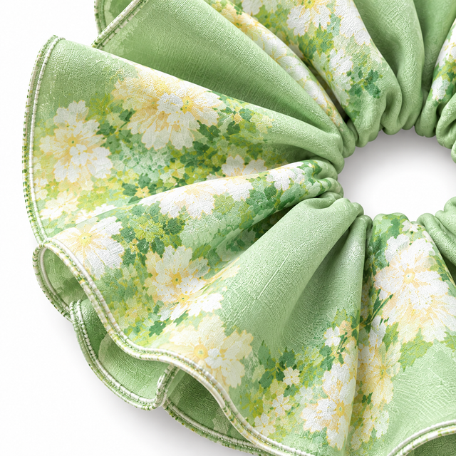 SHANZHUI Adjustable Double-Layer Scrunchie – Green Floral, Pearl & Lemon Charms – floral print texture detail