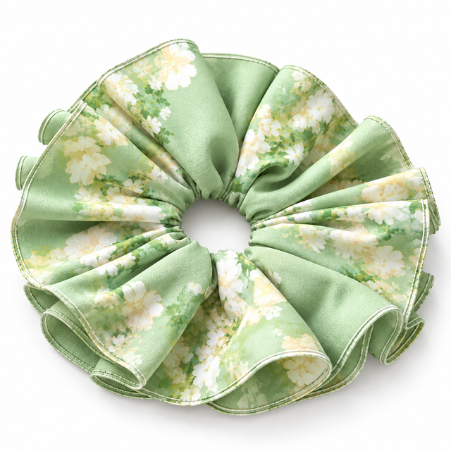 SHANZHUI Adjustable Double-Layer Scrunchie – Green Floral, Pearl & Lemon Charms – layered ruffle thickness detail