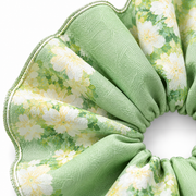 SHANZHUI Adjustable Double-Layer Scrunchie – Green Floral, Pearl & Lemon Charms – sage jacquard weave craft detail
