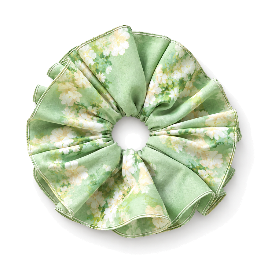 SHANZHUI Adjustable Double-Layer Scrunchie – Green Floral, Pearl & Lemon Charms