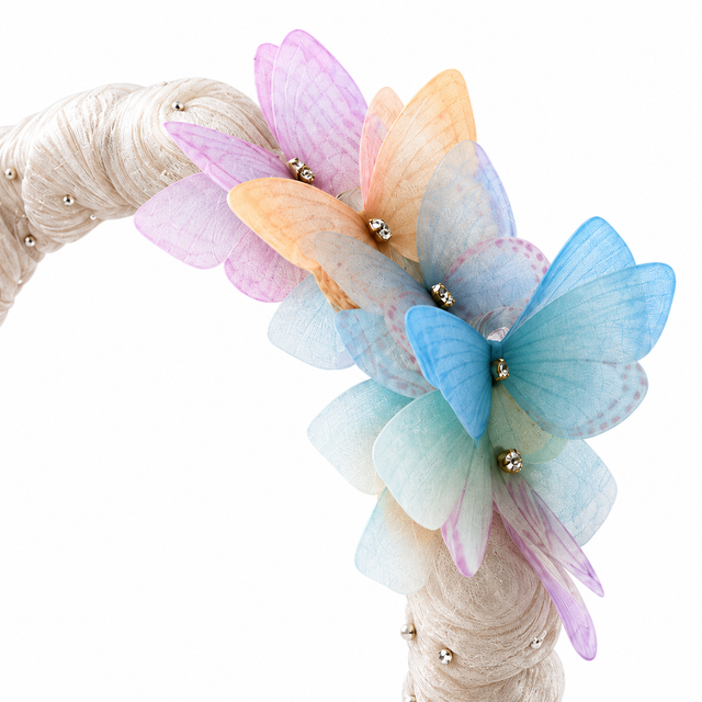 SHANZHUI Butterfly Pearl Headband – Silver, Pastel Rhinestones – butterfly decoration detail