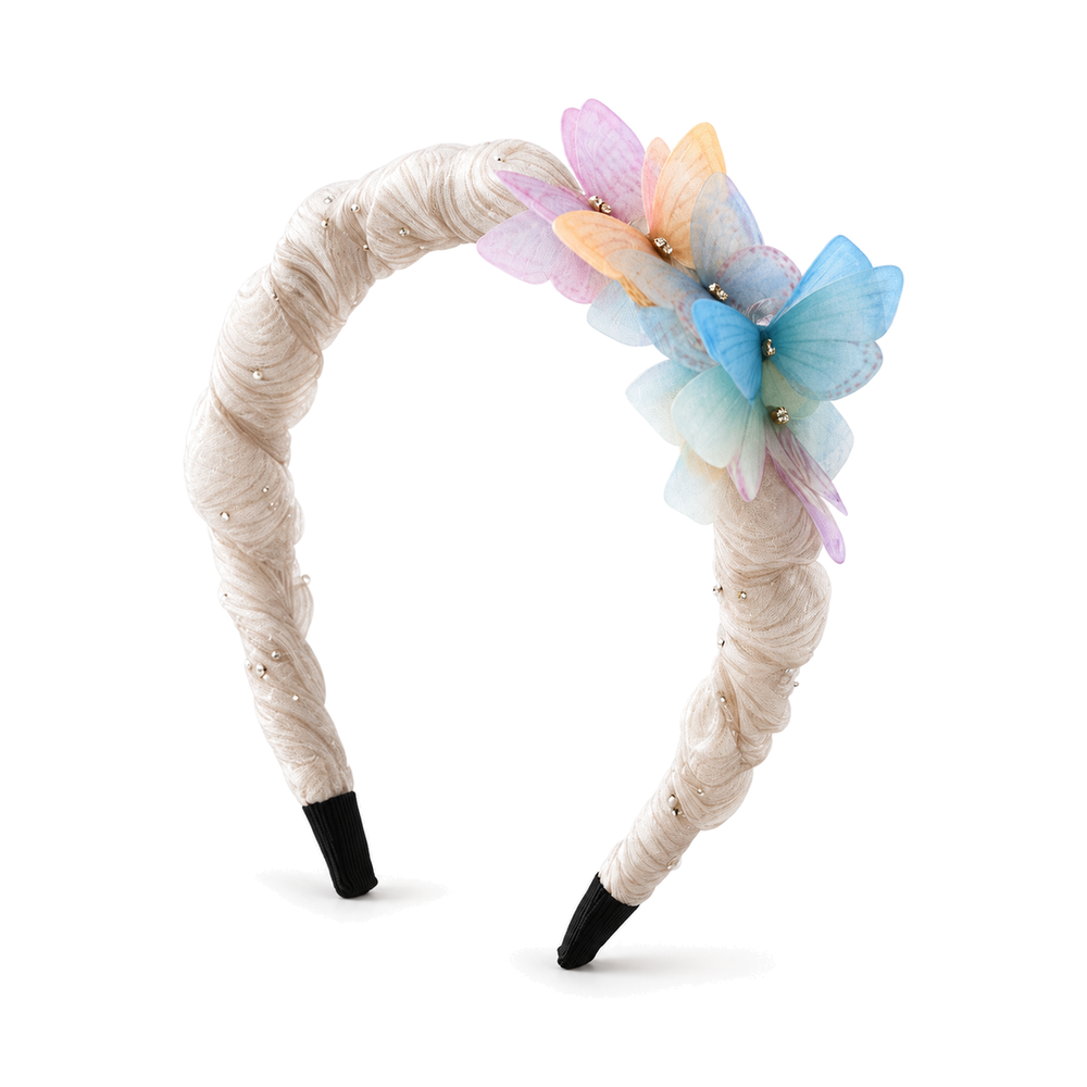 Silver-Gray Butterfly Pearl Headband with Pastel Rhinestones