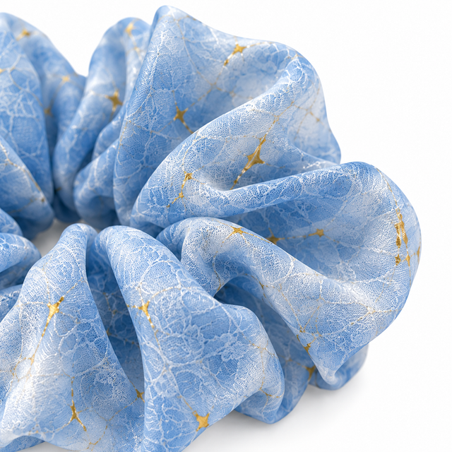 SHANZHUI Oversized Organza Scrunchie – Blue Butterfly & Pearl – pleat thickness detail