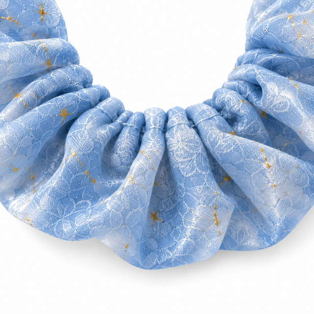 SHANZHUI Oversized Organza Scrunchie – Blue Butterfly & Pearl – inner elastic seam detail