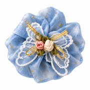 SHANZHUI Oversized Organza Scrunchie – Blue Butterfly & Pearl – butterfly floral decoration detail